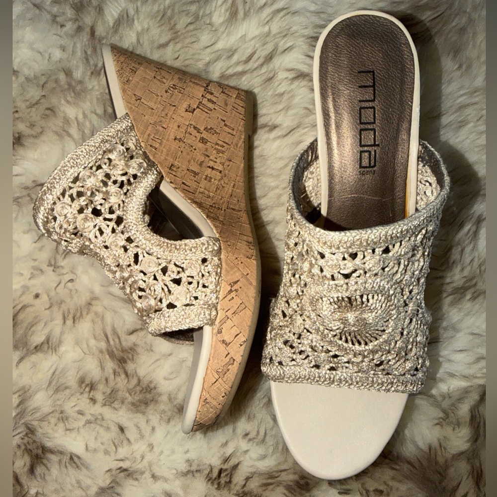 Moda Spana Cork Wedge Sandals 9m Cream woven crochet Macramé Resort Wear